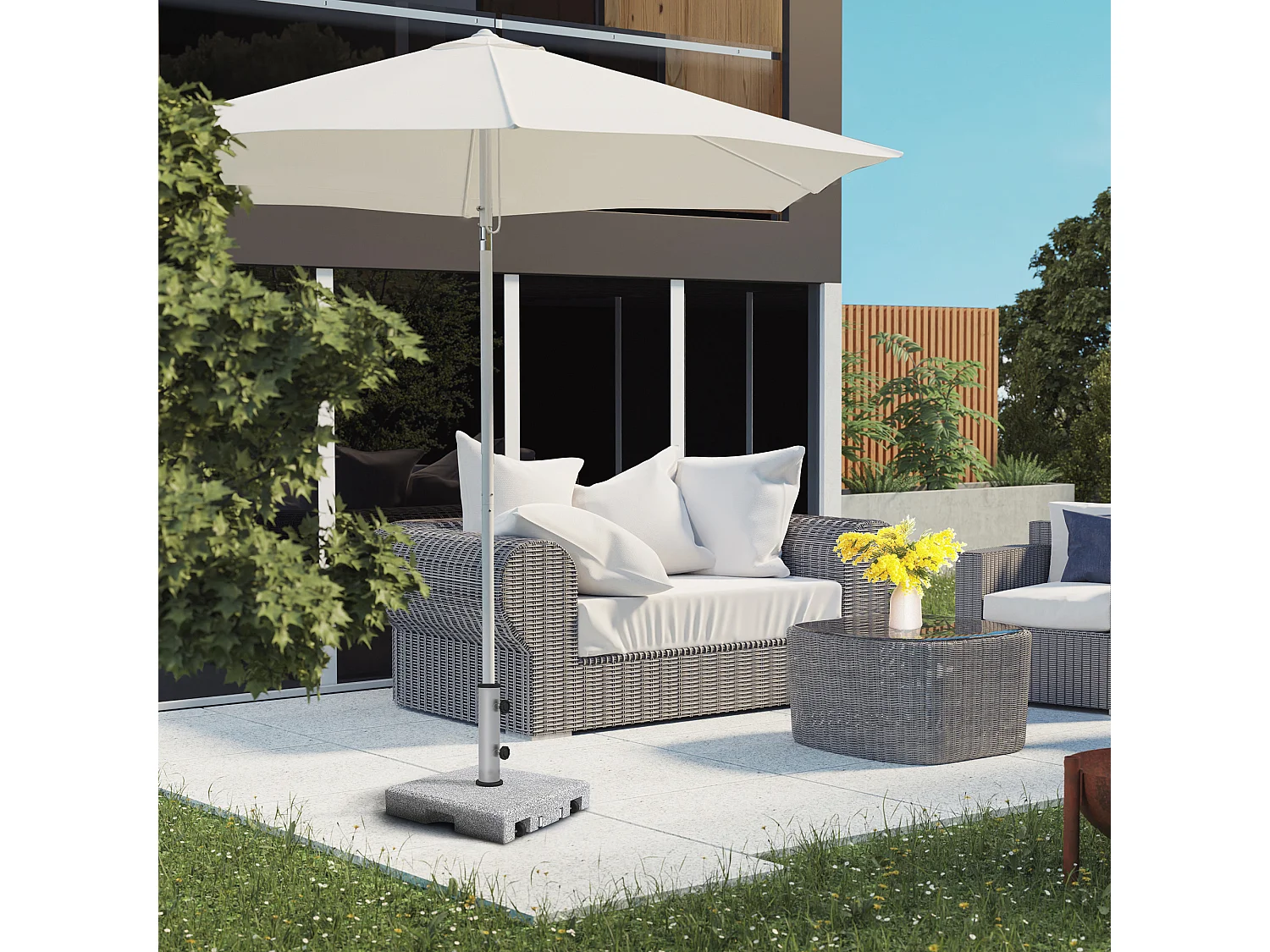 Pied de parasol - Base de lestage en granite carré 28 Kg 2 roulettes poignée