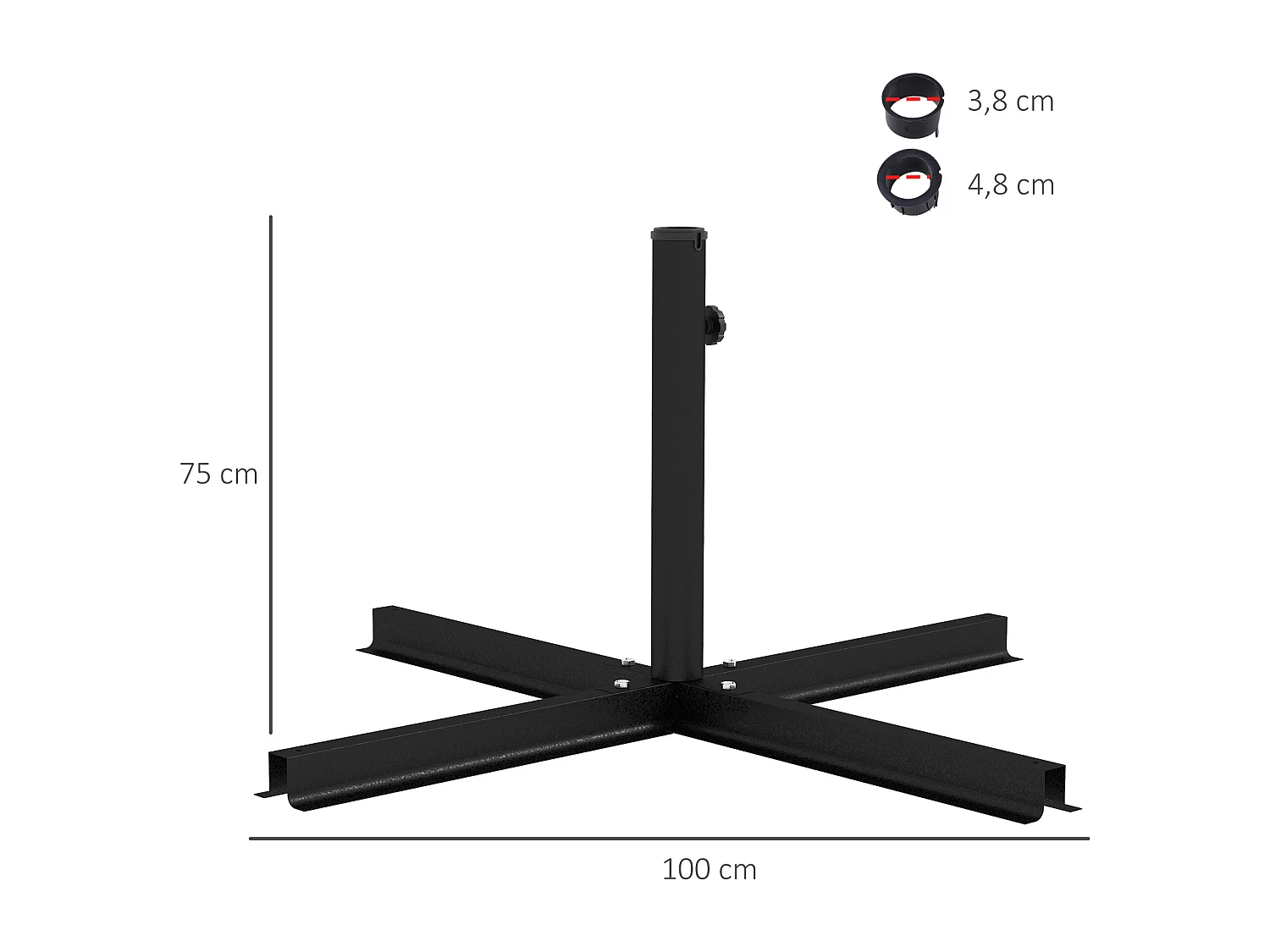 Pied de parasol base de parasol support de parasol en croix dim. 100L x 100l x 75H cm métal époxy noir