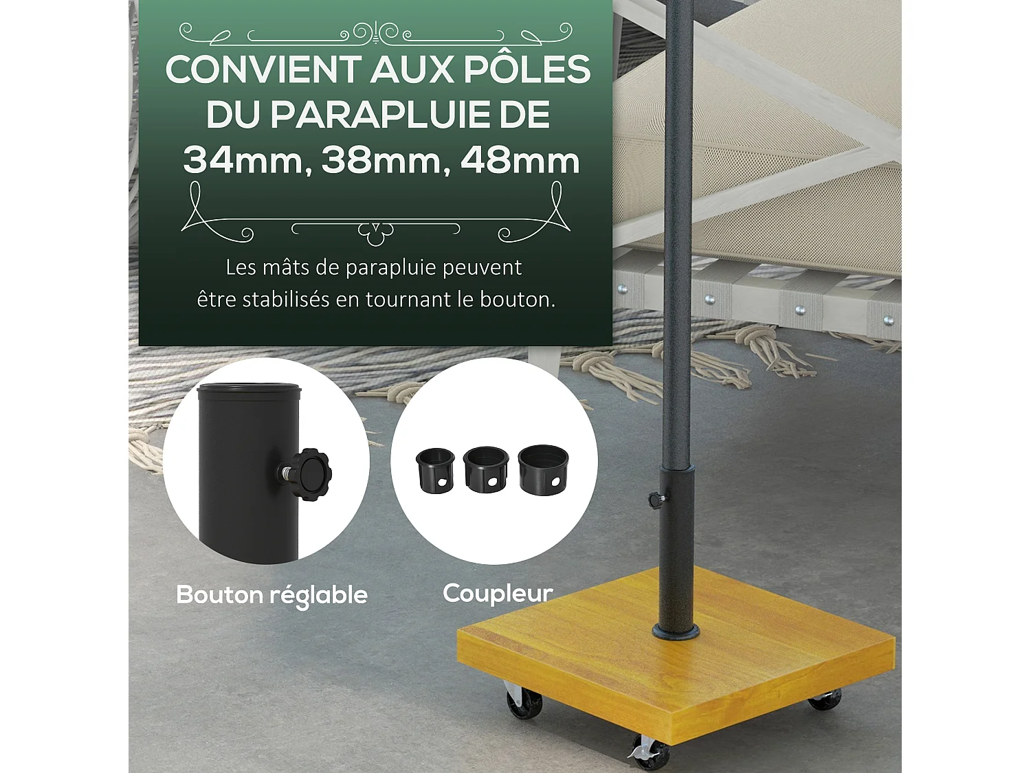 Pied de parasol carré - base de lestage poids net 25 Kg métal 4 roulettes