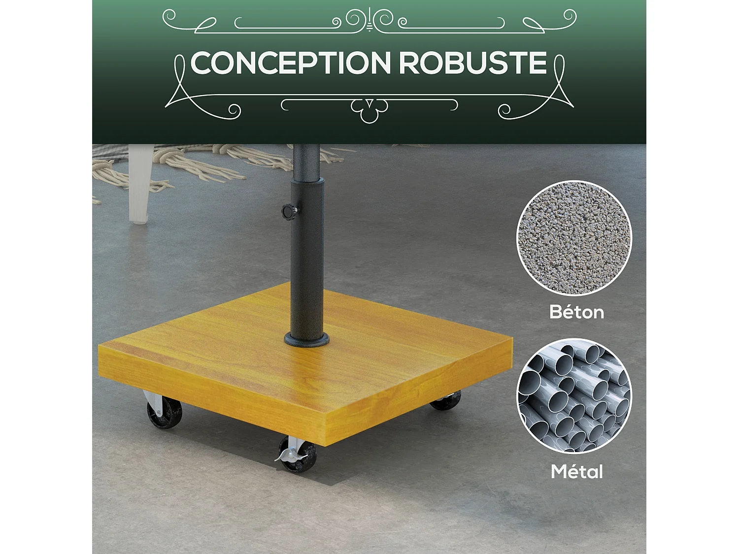 Pied de parasol carré - base de lestage poids net 25 Kg métal 4 roulettes