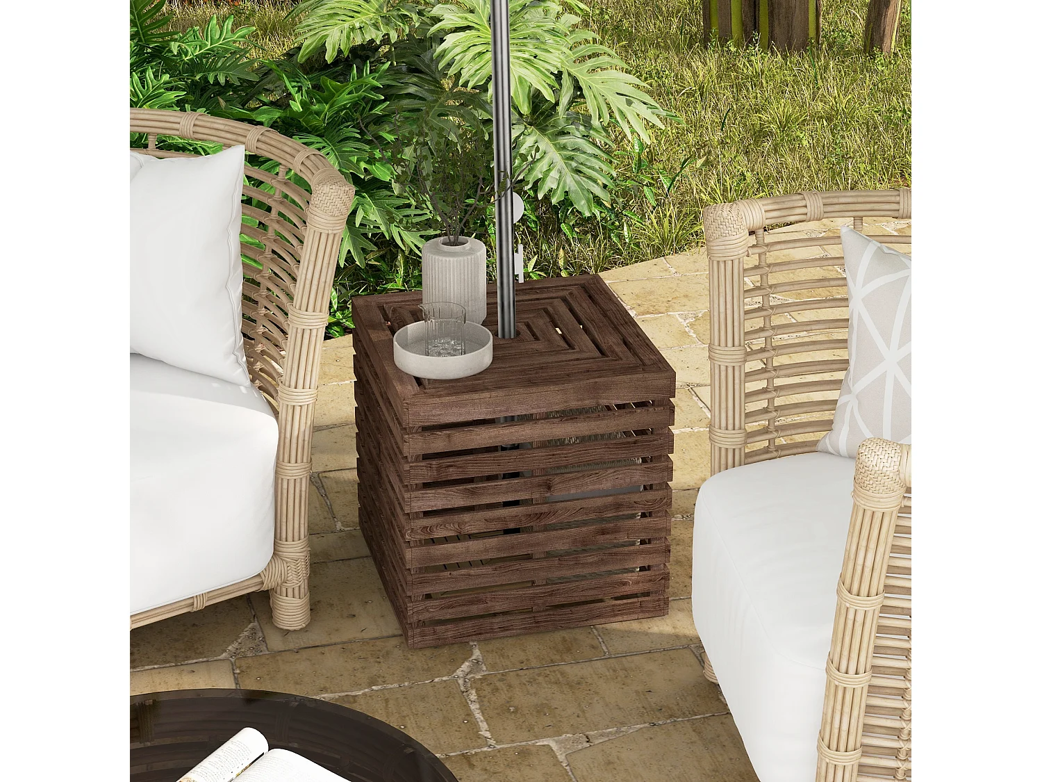 Pied de parasol coffre de rangement table basse 3 en 1 bois de sapin