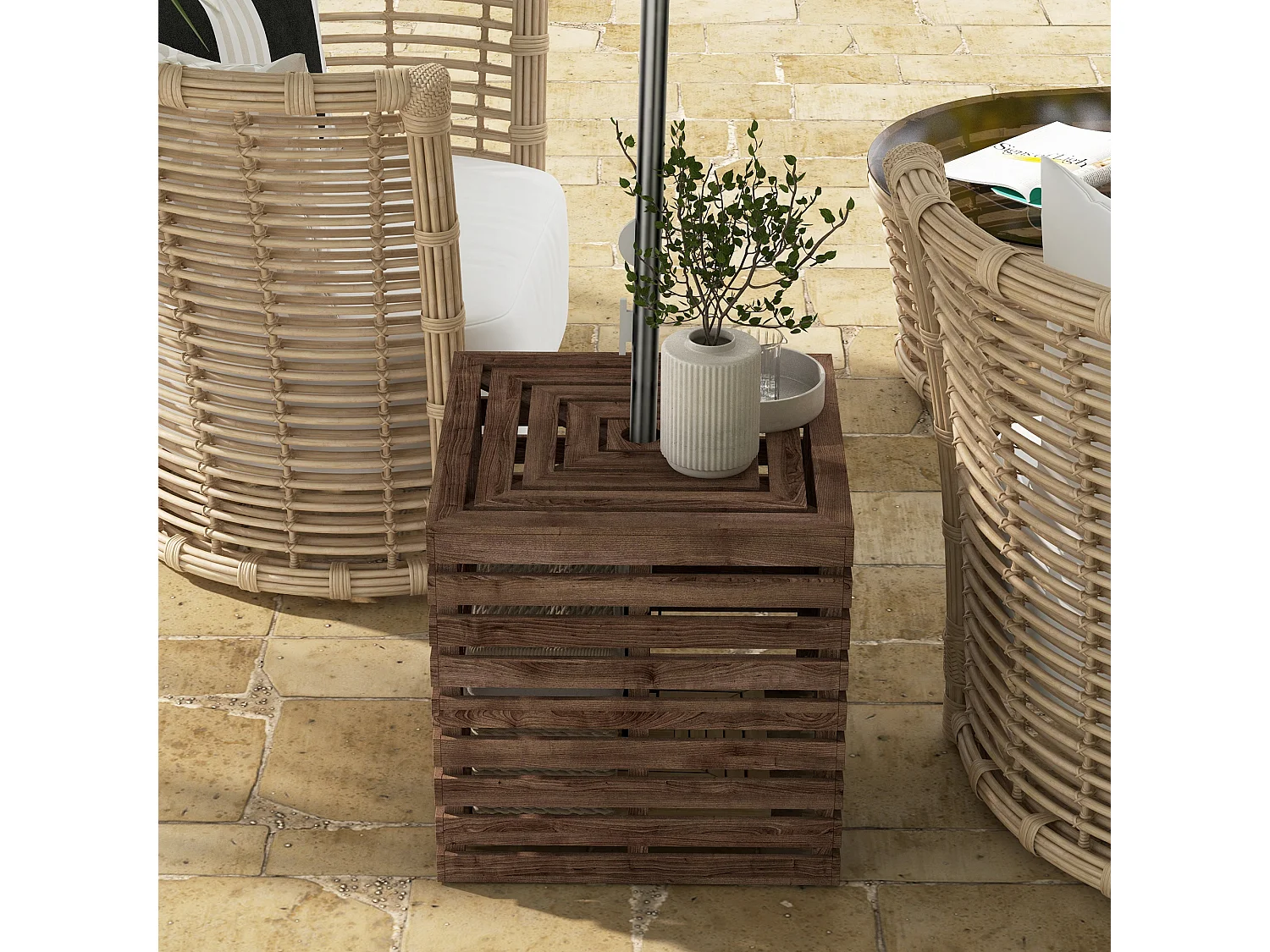 Pied de parasol coffre de rangement table basse 3 en 1 bois de sapin