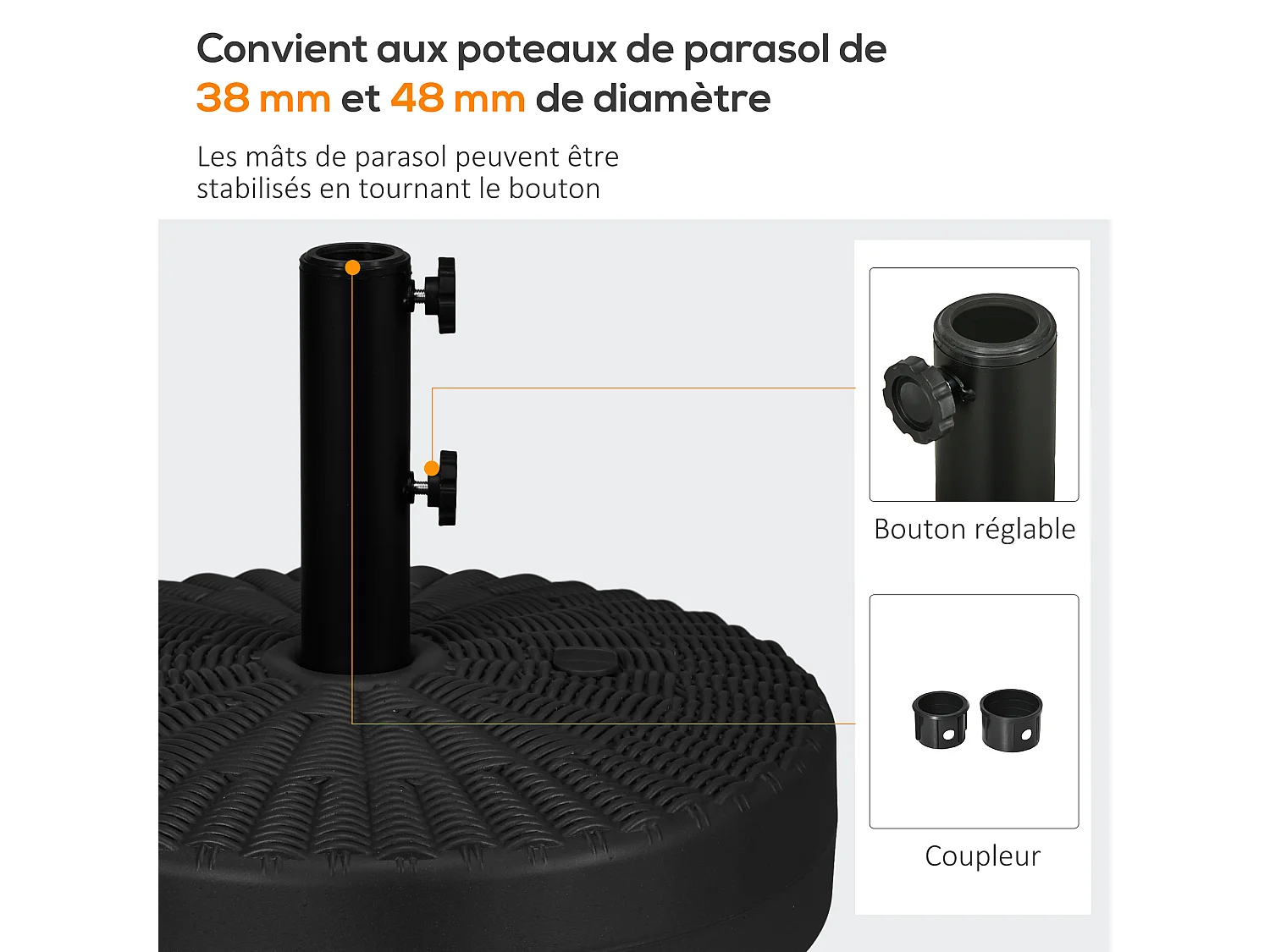 Pied de parasol rond base de lestage Ø 51 x 36 cm HDPE aspect résine noir