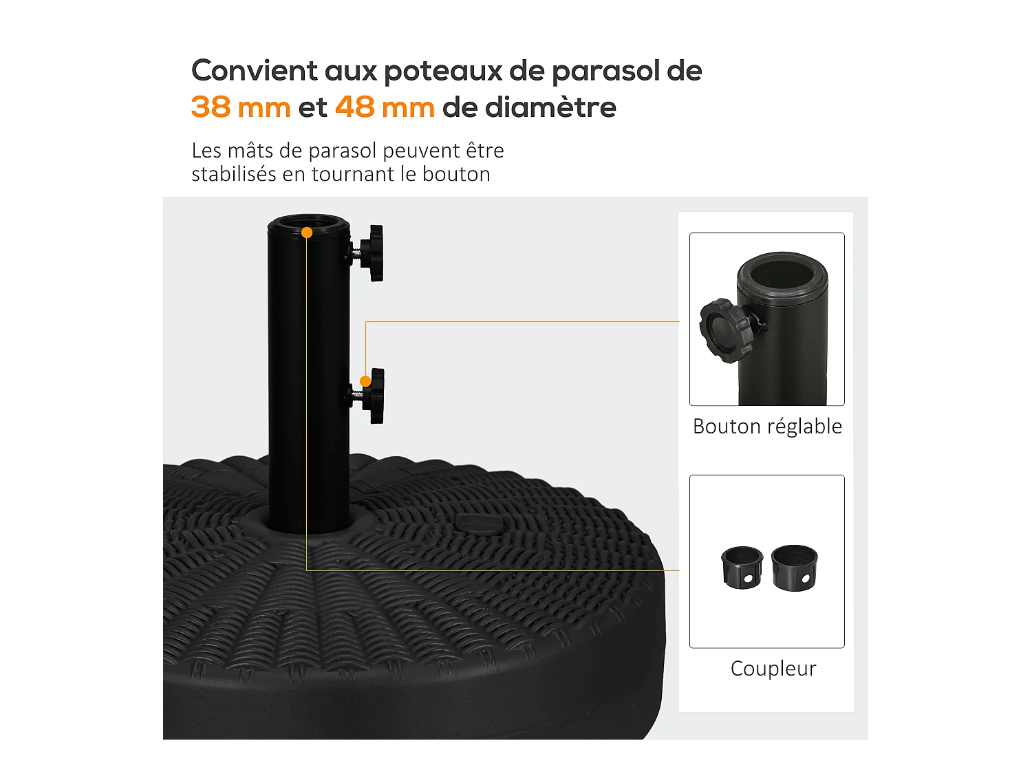 Pied de parasol rond base de lestage Ø 51 x 36 cm HDPE aspect résine noir