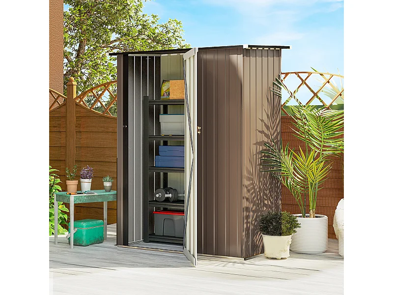 Abri de jardin - remise pour outils - cabanon porte verrouillable - dim. 142L x 84l x 189H cm - tôle d'acier marron blanc