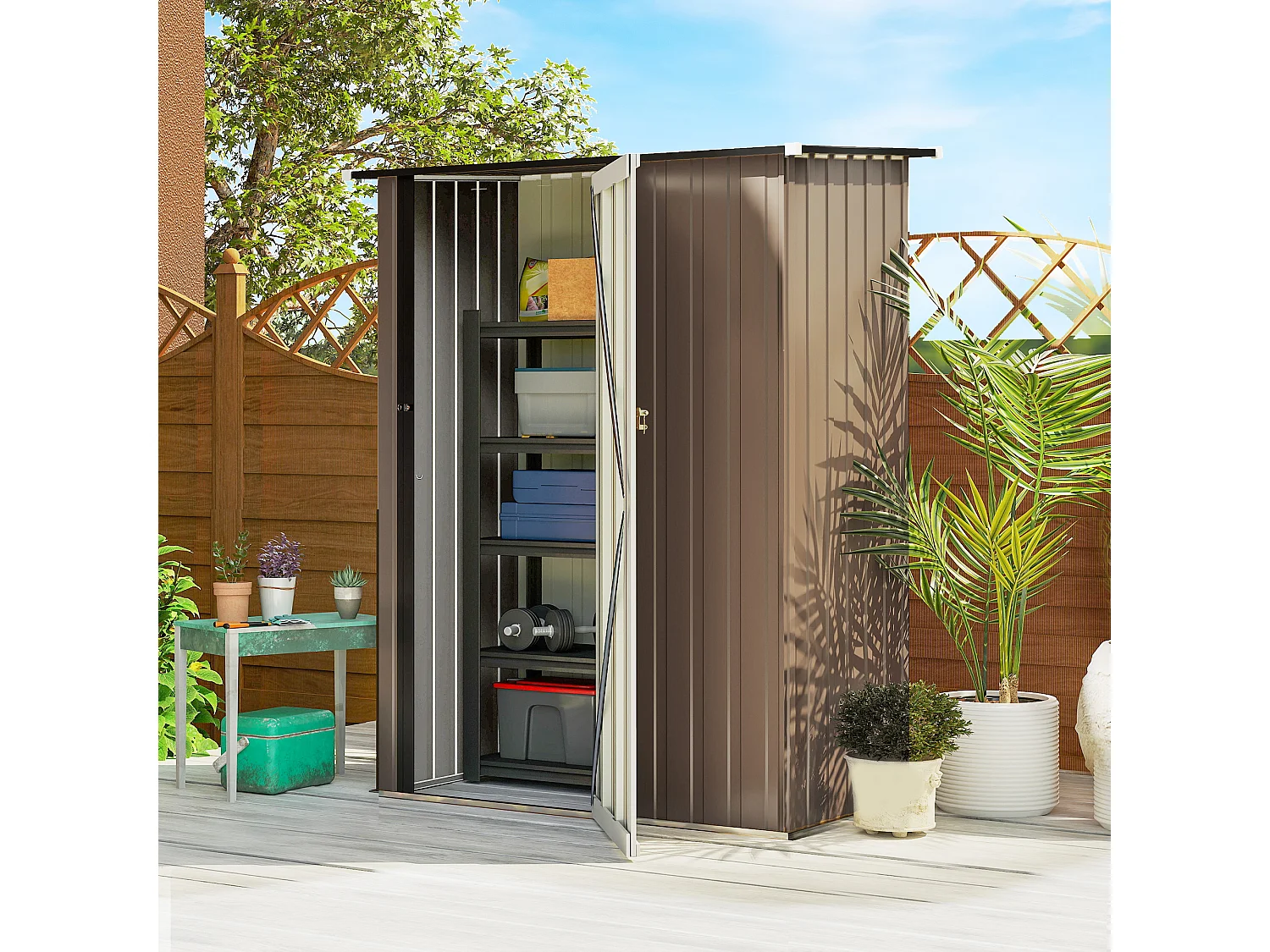 Abri de jardin - remise pour outils - cabanon porte verrouillable - dim. 142L x 84l x 189H cm - tôle d'acier marron blanc