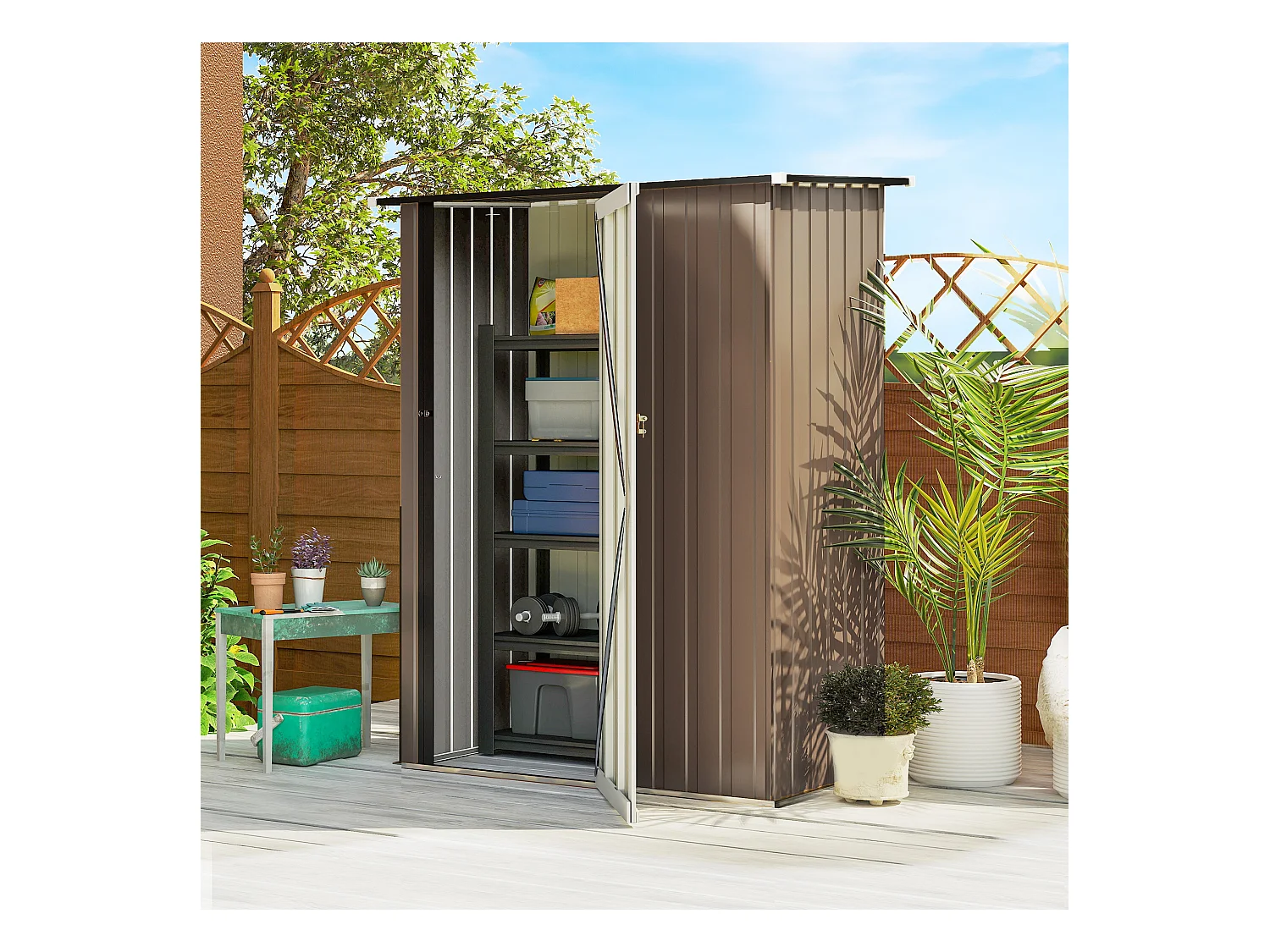 Abri de jardin - remise pour outils - cabanon porte verrouillable - dim. 142L x 84l x 189H cm - tôle d'acier marron blanc