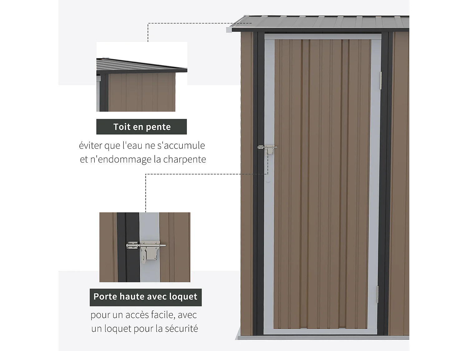 Abri de jardin - remise pour outils - cabanon porte verrouillable - dim. 142L x 84l x 189H cm - tôle d'acier marron blanc