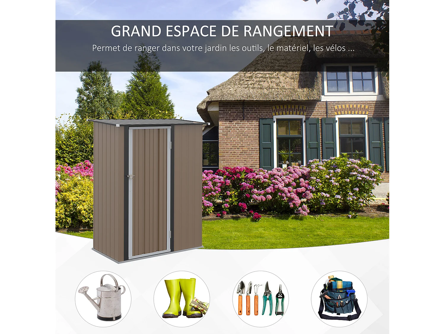 Abri de jardin - remise pour outils - cabanon porte verrouillable - dim. 142L x 84l x 189H cm - tôle d'acier marron blanc