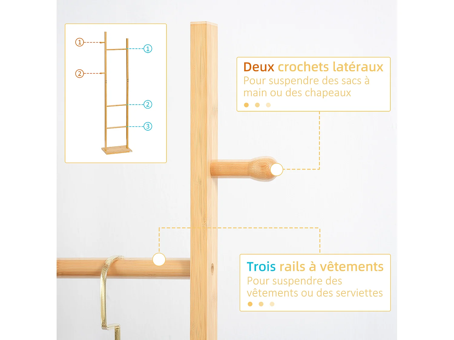 Penderie porte-manteaux - 3 barres de penderie, 2 patères - dim. 36L x 24l x 168H cm - bois bambou