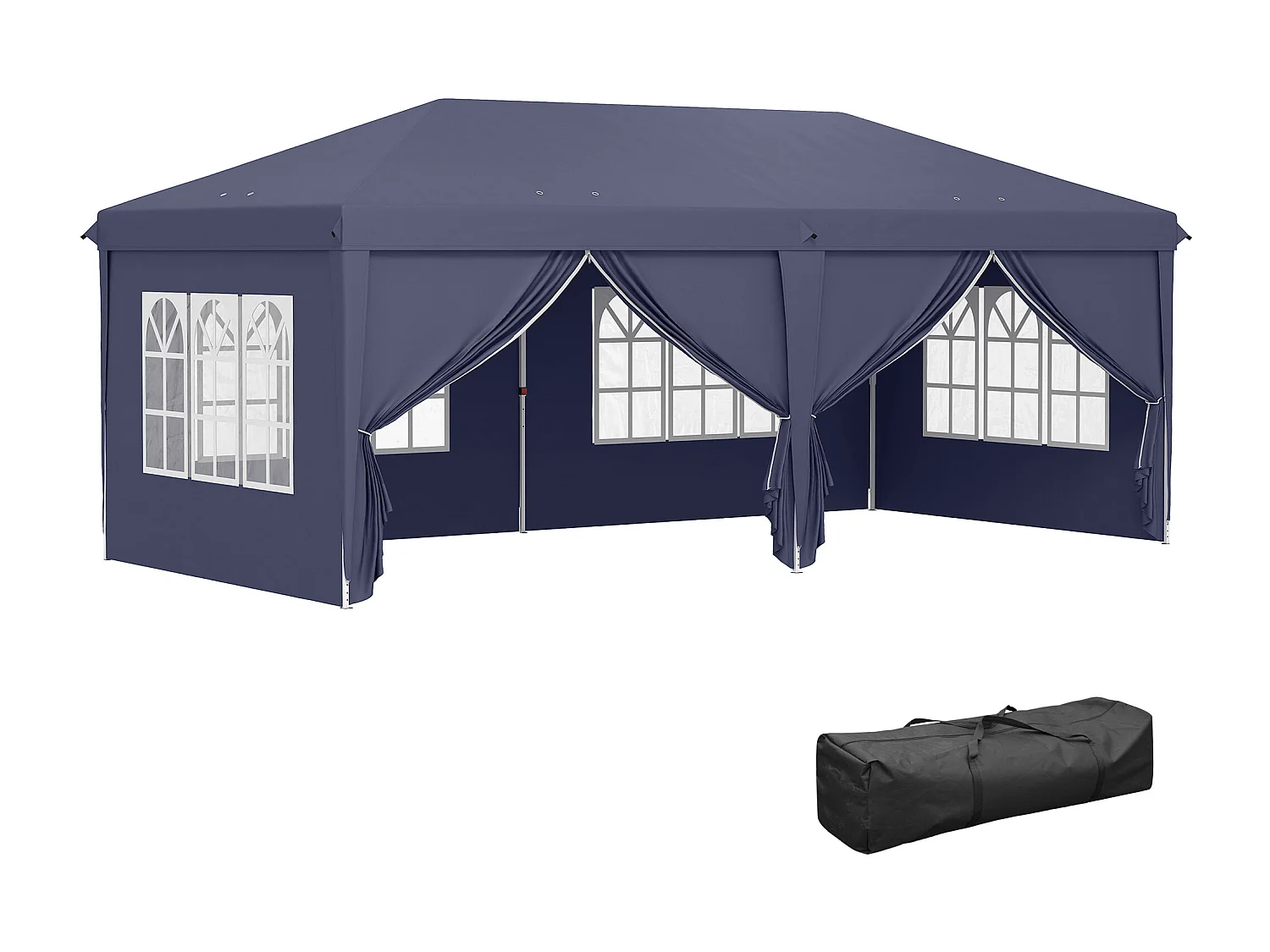 Tonnelle barnum pliant pop-up imperméabilisé 5,85L x 2,95l x 2,7H m 6 parois latérales amovibles 4 fenêtres + sac de transport bleu