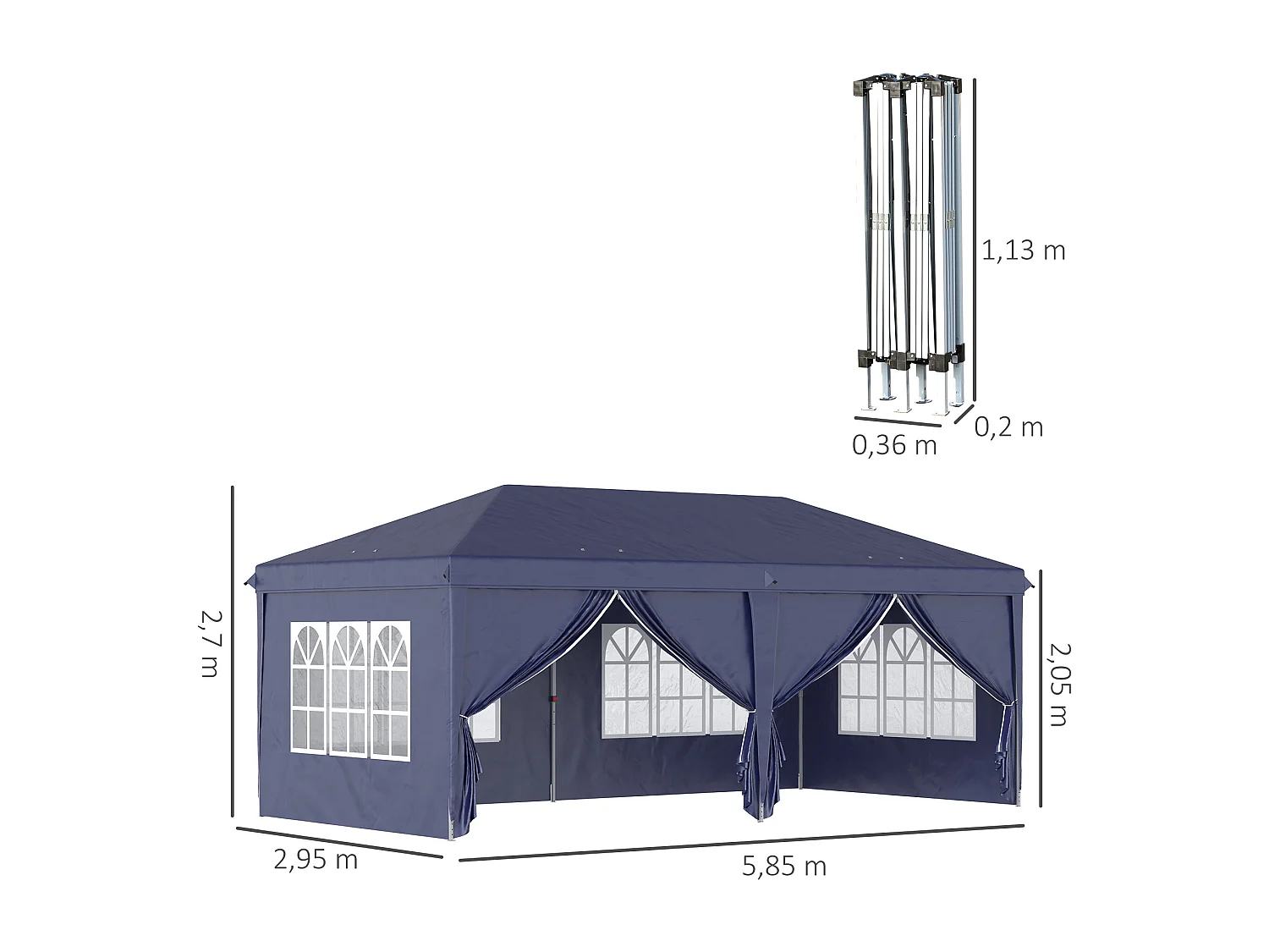 Tonnelle barnum pliant pop-up imperméabilisé 5,85L x 2,95l x 2,7H m 6 parois latérales amovibles 4 fenêtres + sac de transport bleu