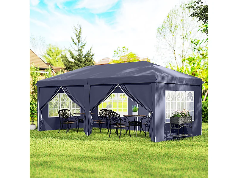 Tonnelle barnum pliant pop-up imperméabilisé 5,85L x 2,95l x 2,7H m 6 parois latérales amovibles 4 fenêtres + sac de transport bleu