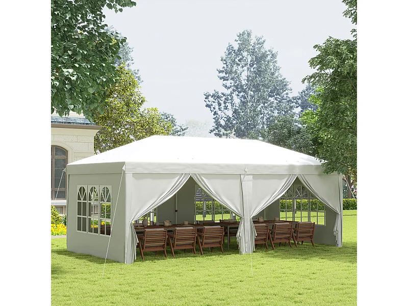 Tonnelle barnum pliant pop-up 5,85L x 2,95l x 2,7H m 6 parois latérales amovibles 4 fenêtres + sac de transport blanc