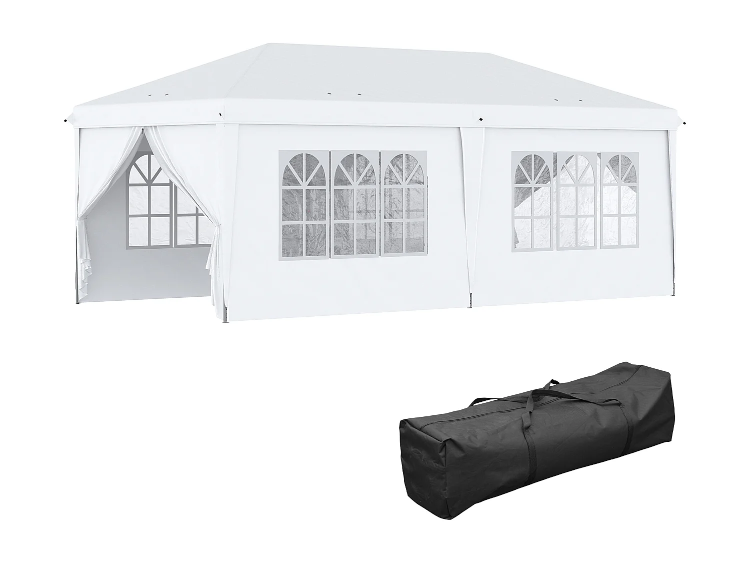 Tonnelle barnum pliant pop-up 5,85L x 2,95l x 2,7H m 6 parois latérales amovibles 4 fenêtres + sac de transport blanc