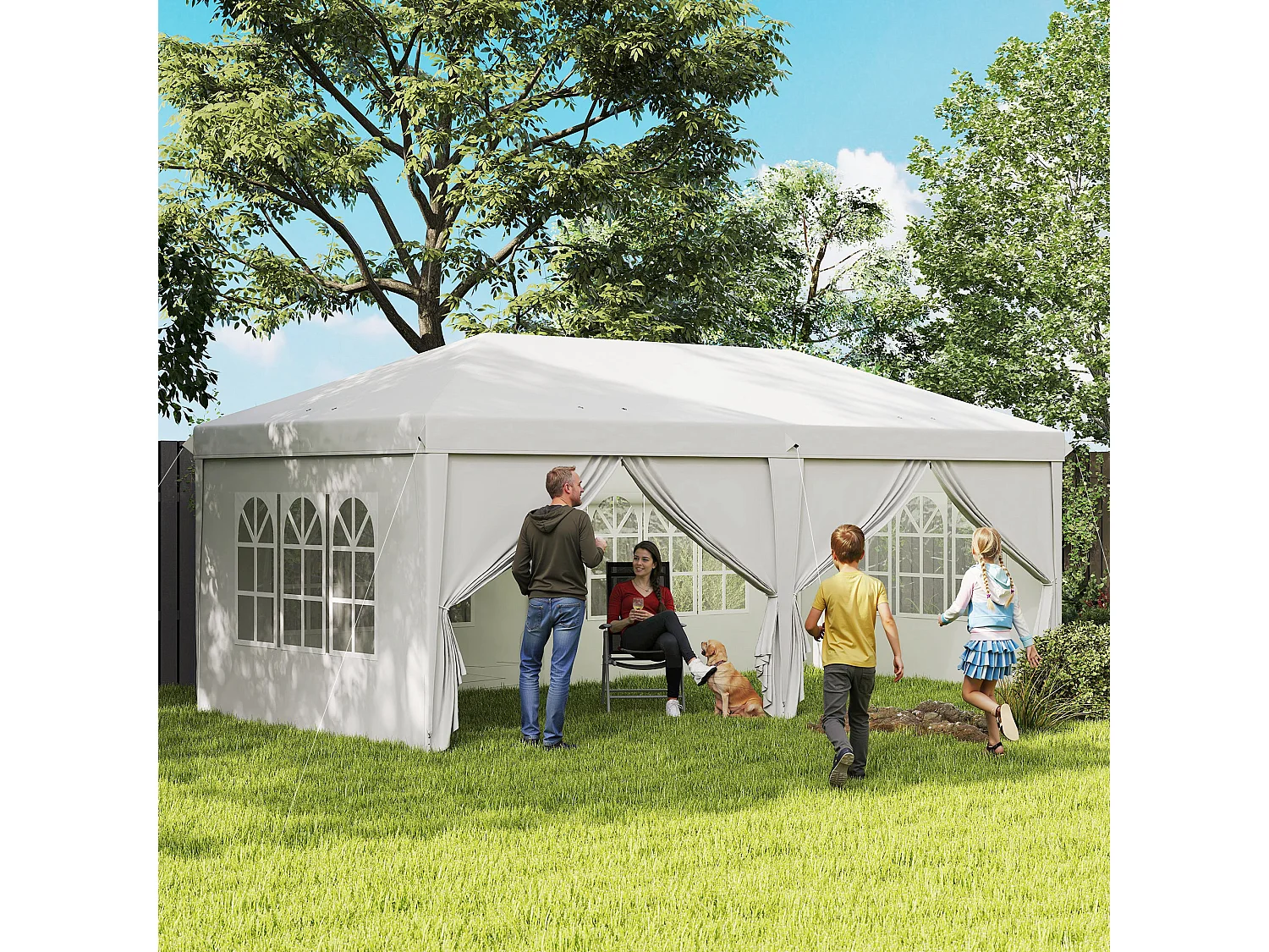 Tonnelle barnum pliant pop-up imperméabilisé 5,85L x 2,95l x 2,7H m 6 parois latérales amovibles 4 fenêtres + sac de transport blanc