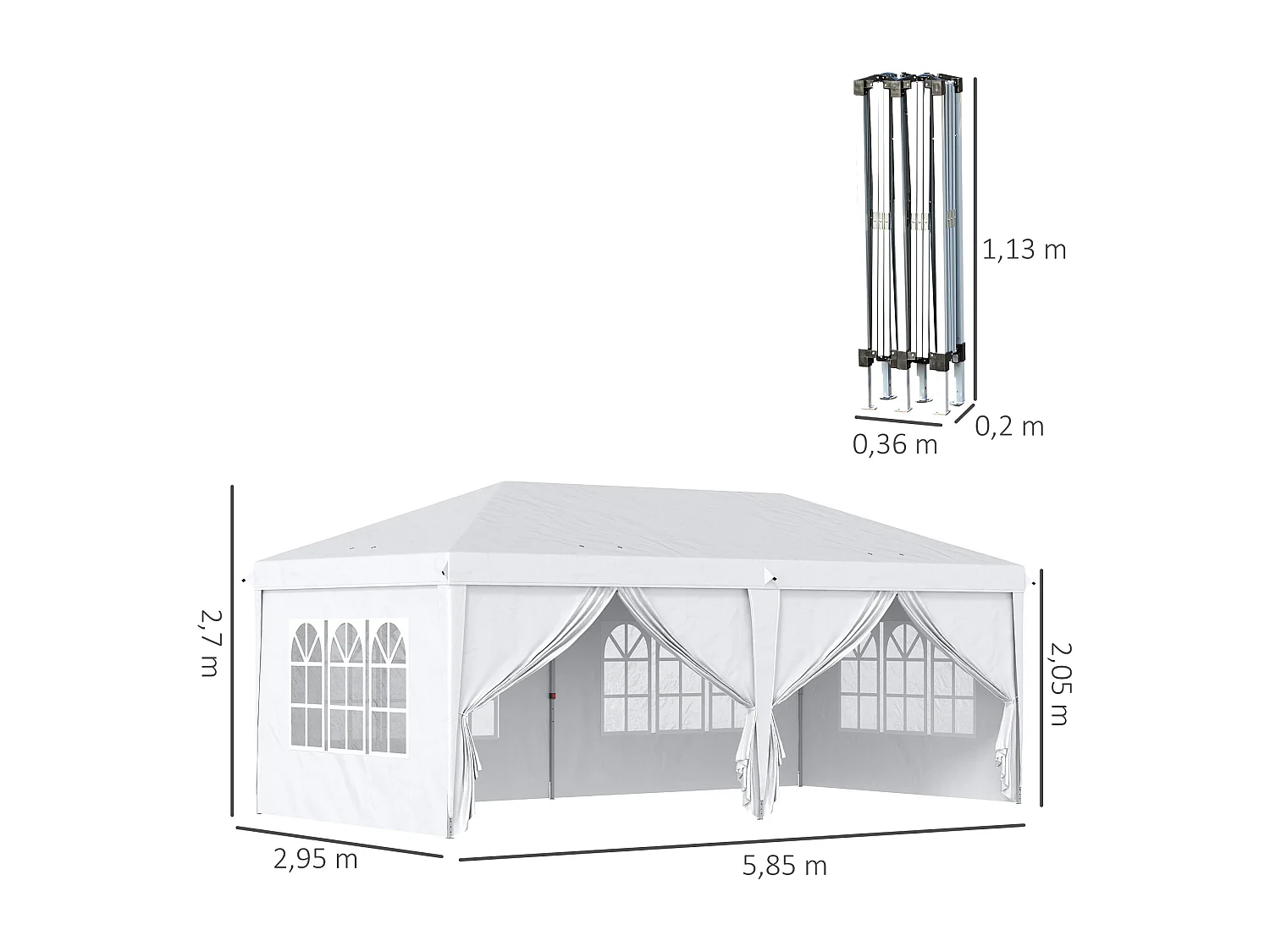 Tonnelle barnum pliant pop-up imperméabilisé 5,85L x 2,95l x 2,7H m 6 parois latérales amovibles 4 fenêtres + sac de transport blanc
