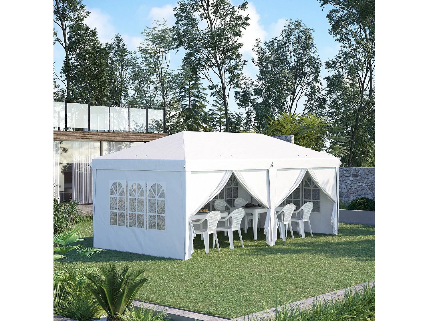 Tonnelle barnum pliant pop-up imperméabilisé 5,85L x 2,95l x 2,7H m 6 parois latérales amovibles 4 fenêtres + sac de transport blanc