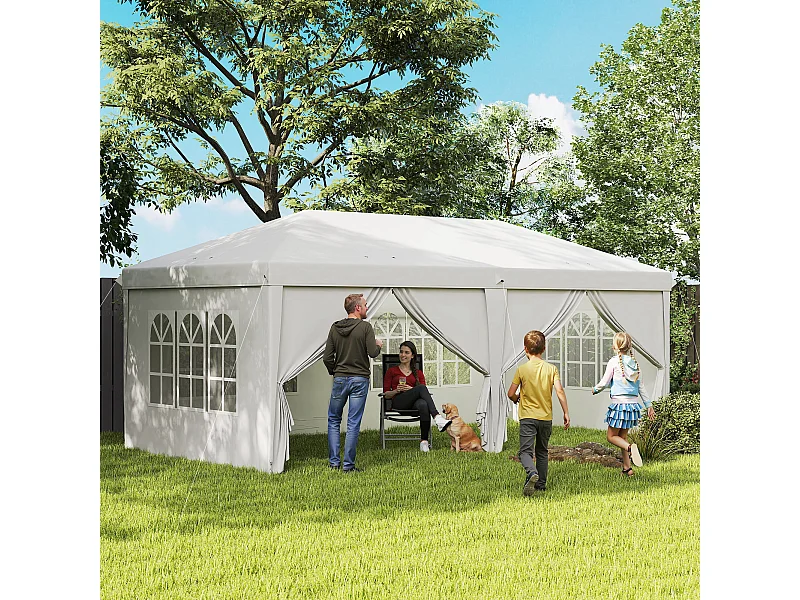 Tonnelle barnum pliant pop-up imperméabilisé 5,85L x 2,95l x 2,7H m 6 parois latérales amovibles 4 fenêtres + sac de transport blanc