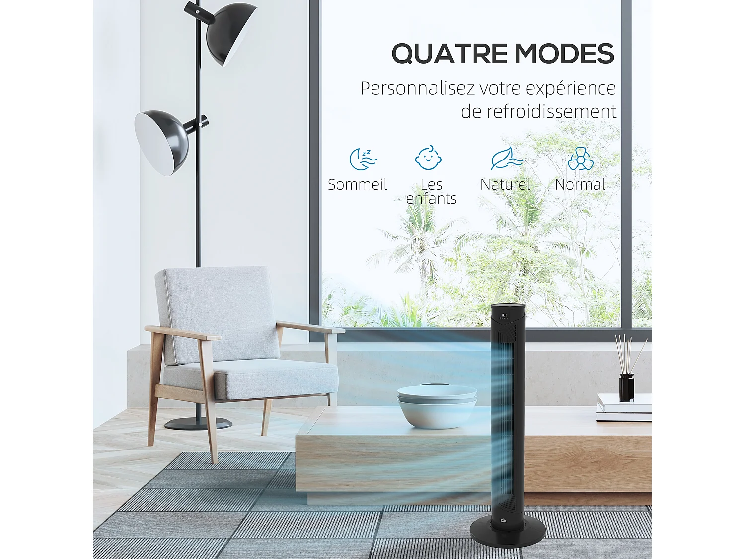 Ventilateur colonne tour oscillant 45 W silencieux télécommande incluse timer 4 modes 3 vitesses filtre noir