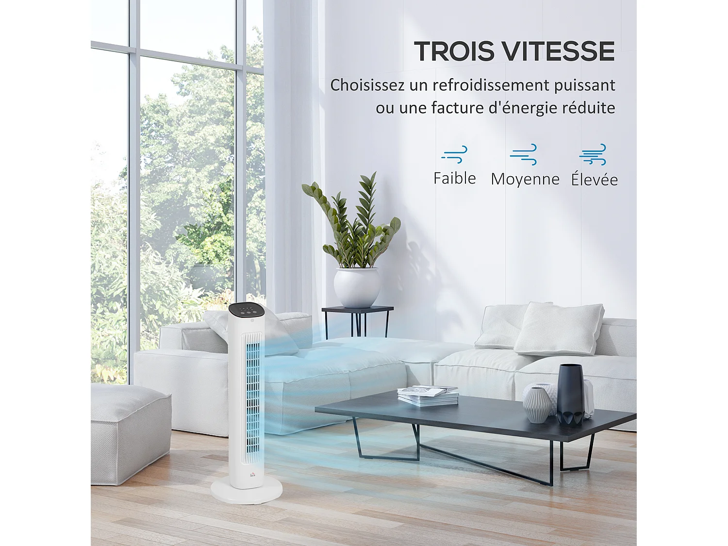 Ventilateur colonne oscillant 50W avec télécommande - 3 vitesses, timer, affichage LED - blanc