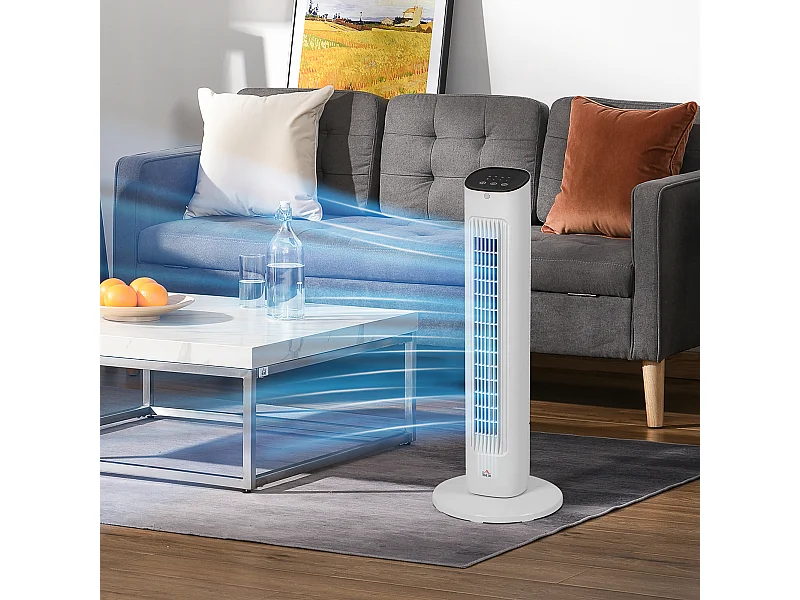 Ventilateur colonne oscillant 50W avec télécommande - 3 vitesses, timer, affichage LED - blanc