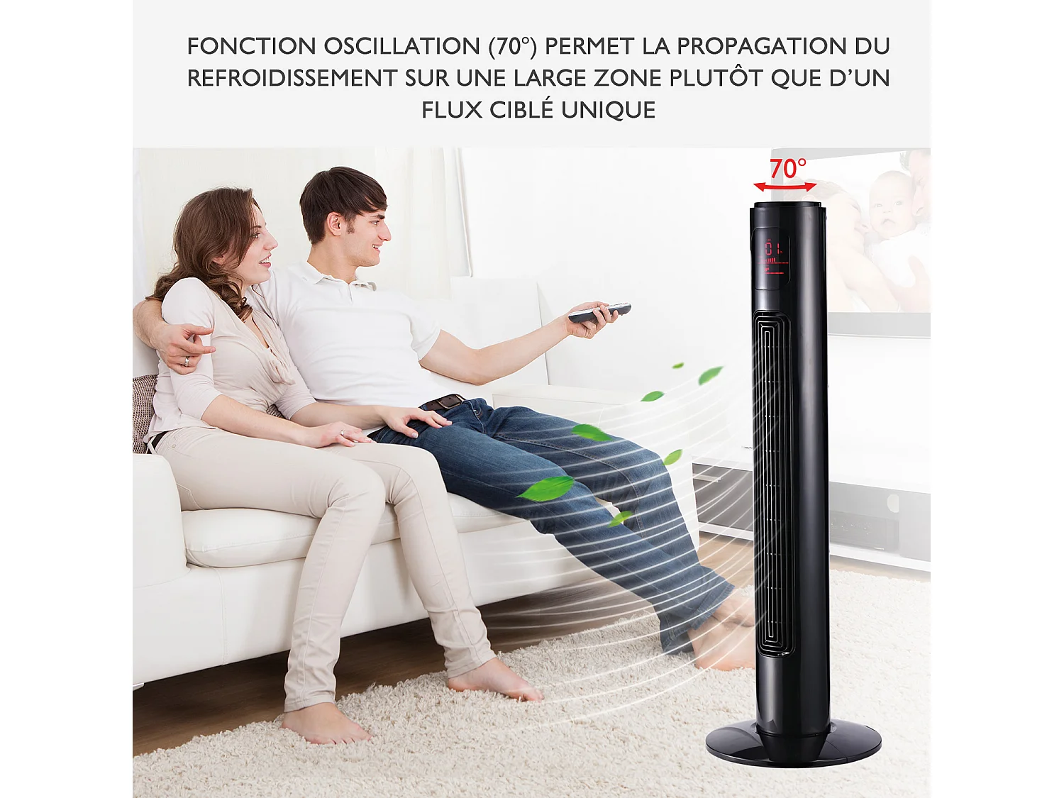 Ventilateur colonne tour oscillant silencieux 45 W avec télécommande écran affichage minuterie 3 modes 3 vitesses 32L x 32l x 96H cm noir