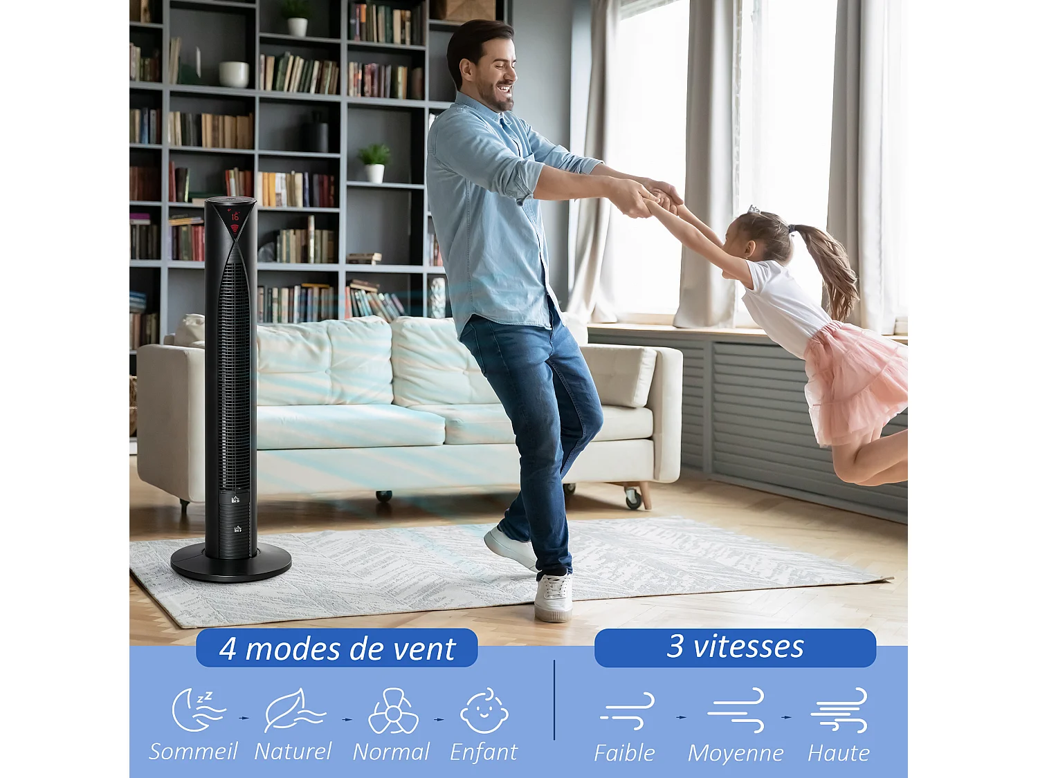 Ventilateur colonne tour oscillant 45 W silencieux télécommande incluse timer 4 modes 3 vitesses noir