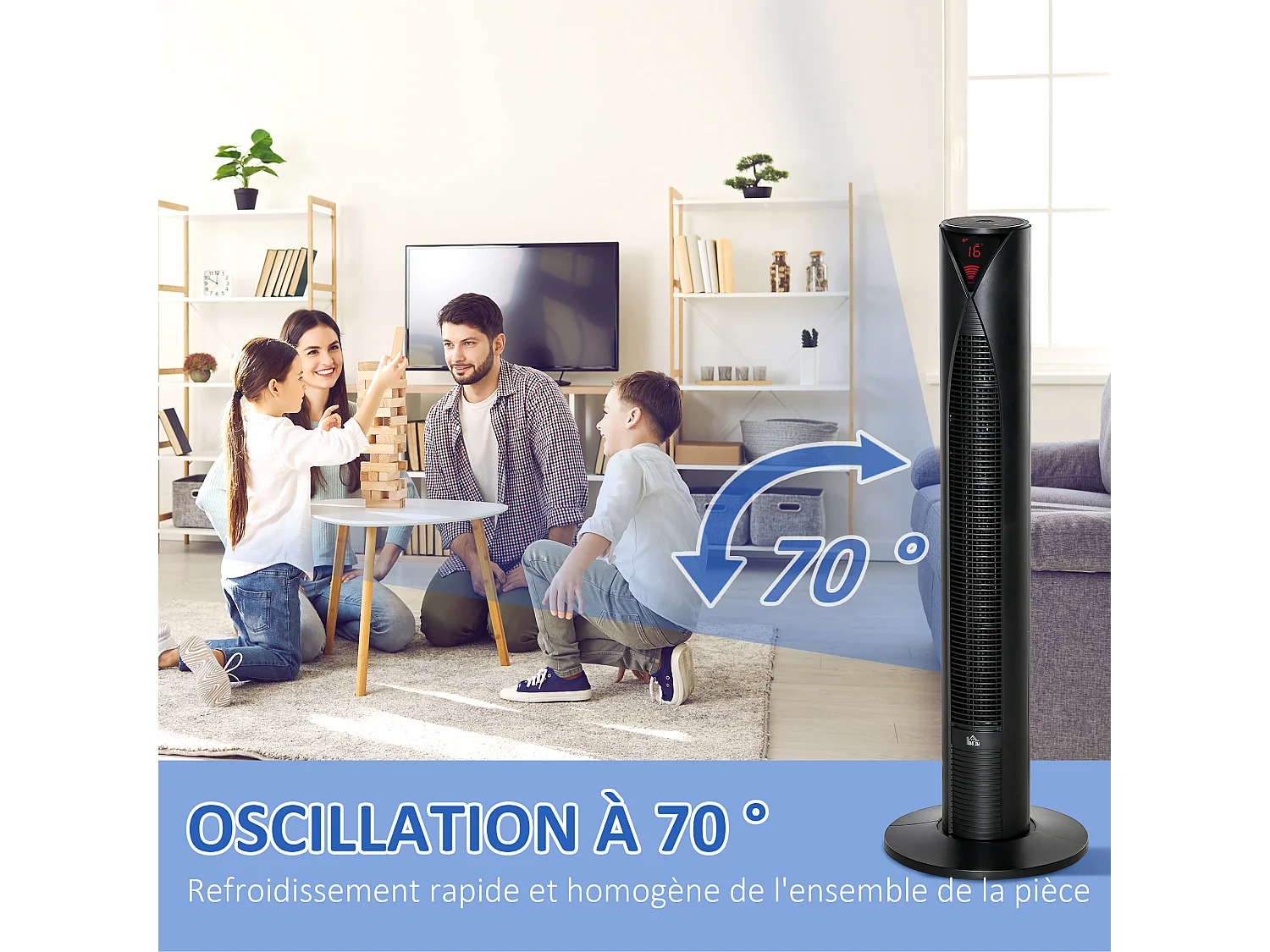 Ventilateur colonne tour oscillant 45 W silencieux télécommande incluse timer 4 modes 3 vitesses noir