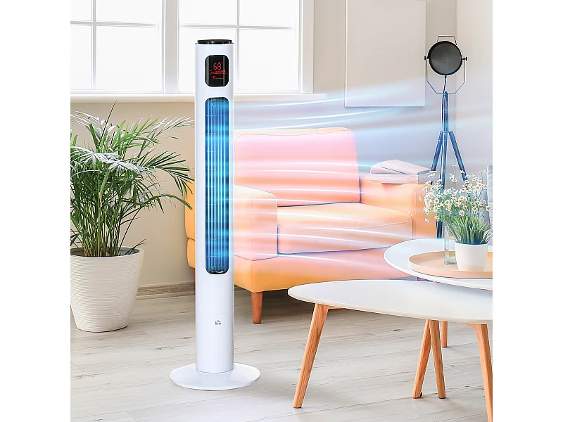 Ventilateur colonne tour oscillant 45 W silencieux télécommande timer 3 modes 3 vitesses blanc