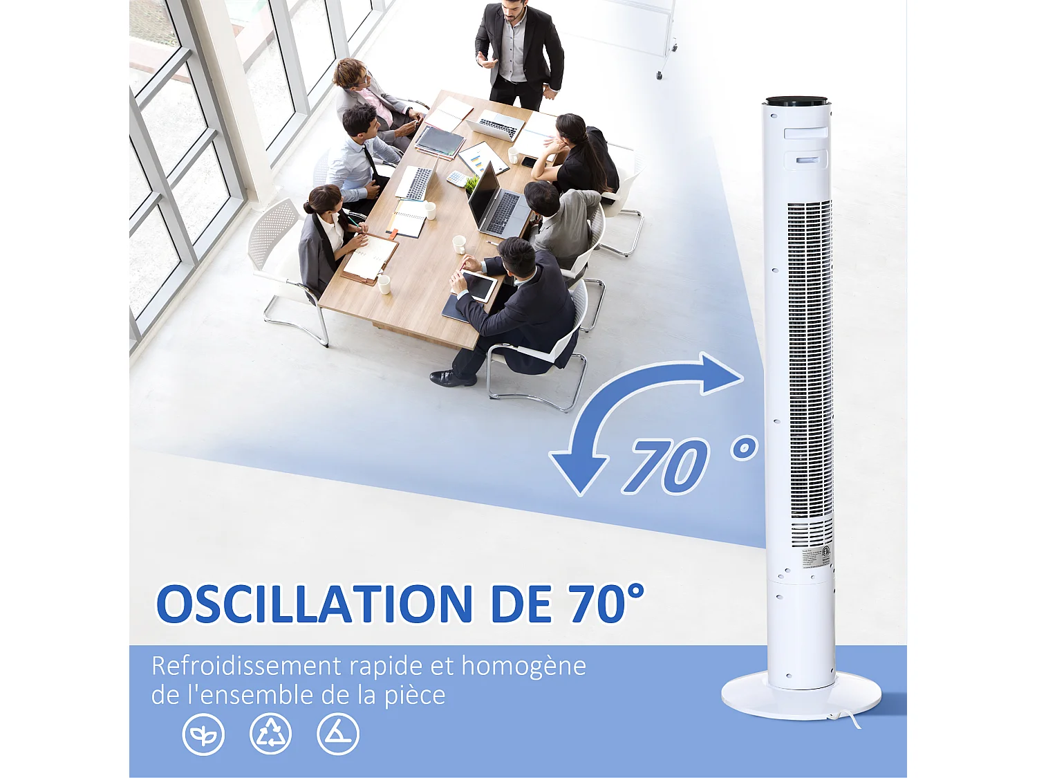 Ventilateur colonne tour oscillant 45 W silencieux télécommande timer 3 modes 3 vitesses blanc