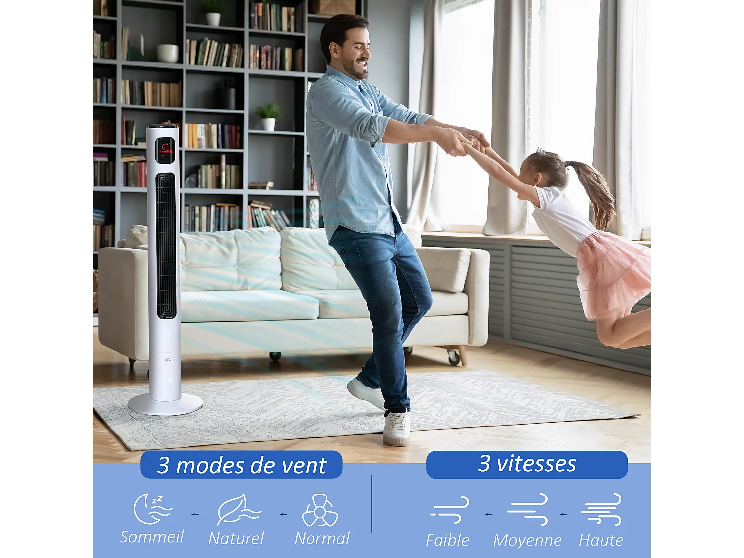 Ventilateur colonne tour oscillant 45 W silencieux télécommande timer 3 modes 3 vitesses blanc