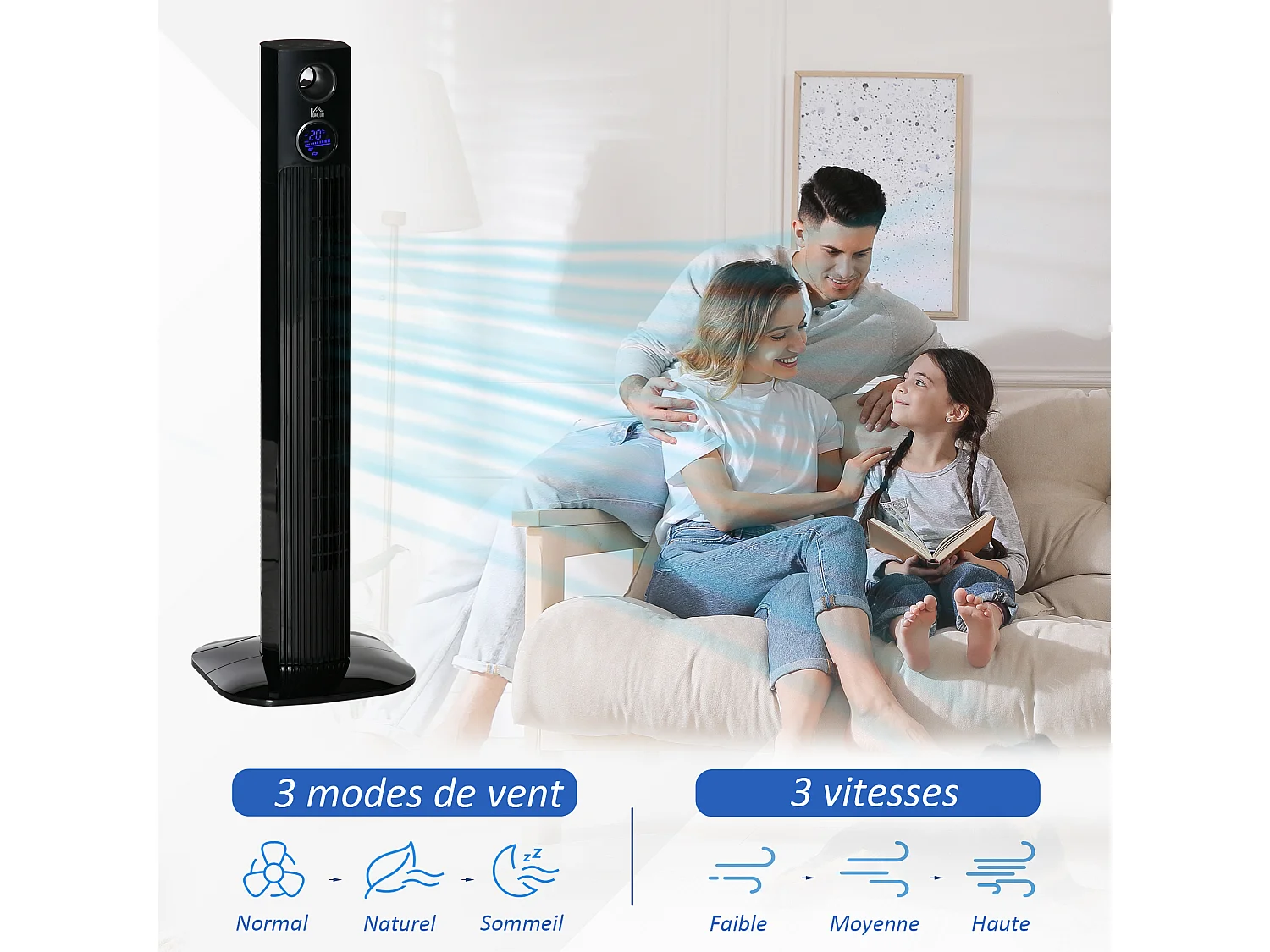 Ventilateur colonne tour oscillant 45 W silencieux télécommande timer aromathérapie 3 modes 3 vitesses noir