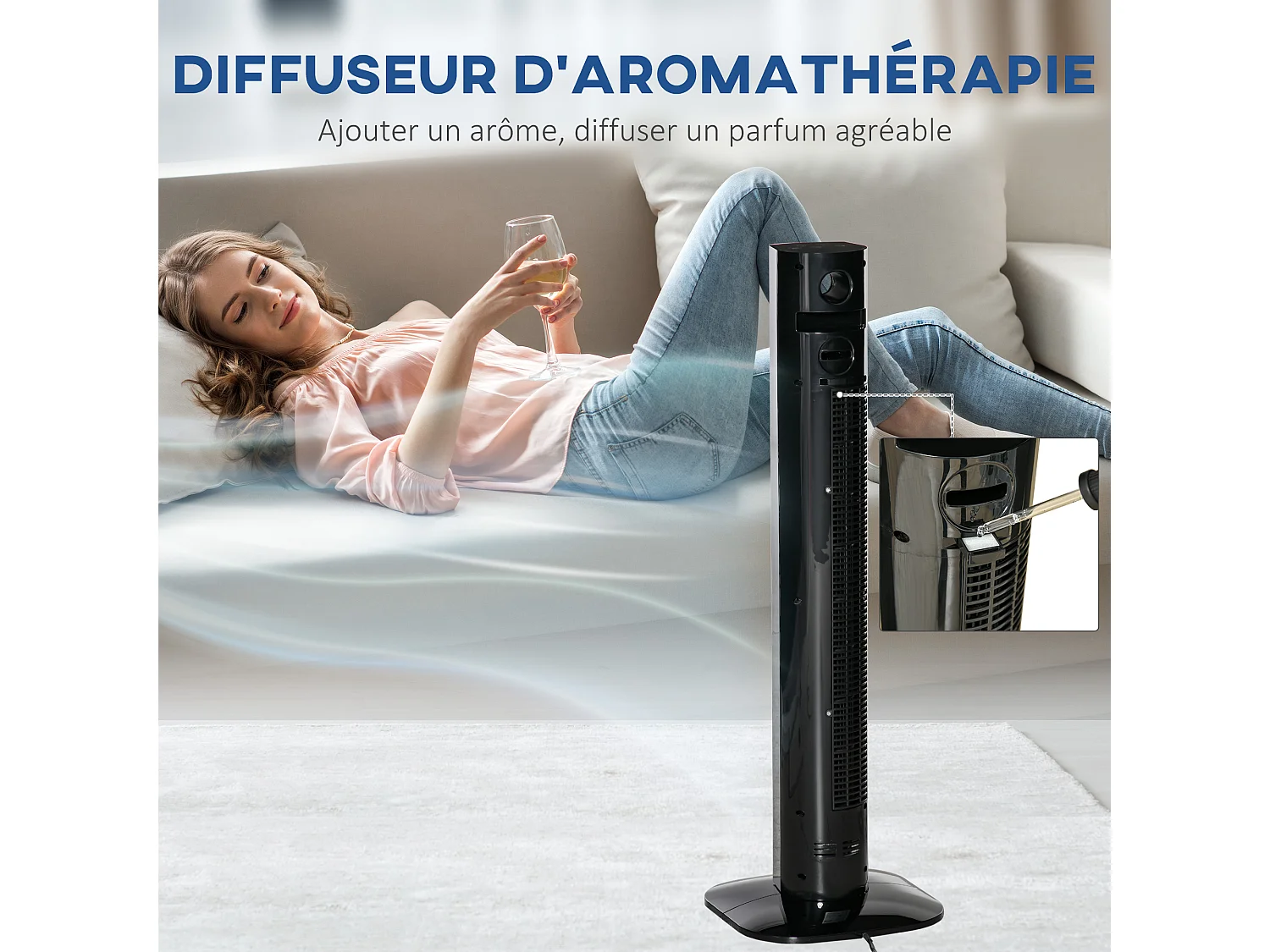 Ventilateur colonne tour oscillant 45 W silencieux télécommande timer aromathérapie 3 modes 3 vitesses noir