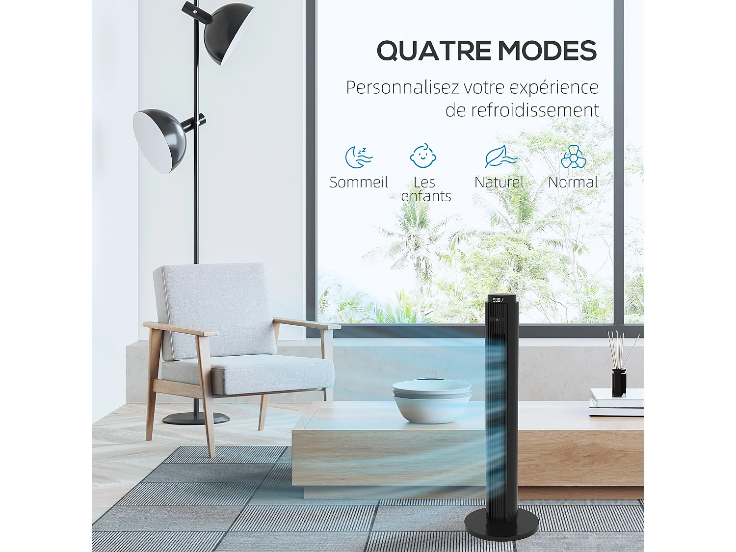 Ventilateur colonne tour oscillant 45 W silencieux télécommande incluse timer 4 modes 3 vitesses filtre noir