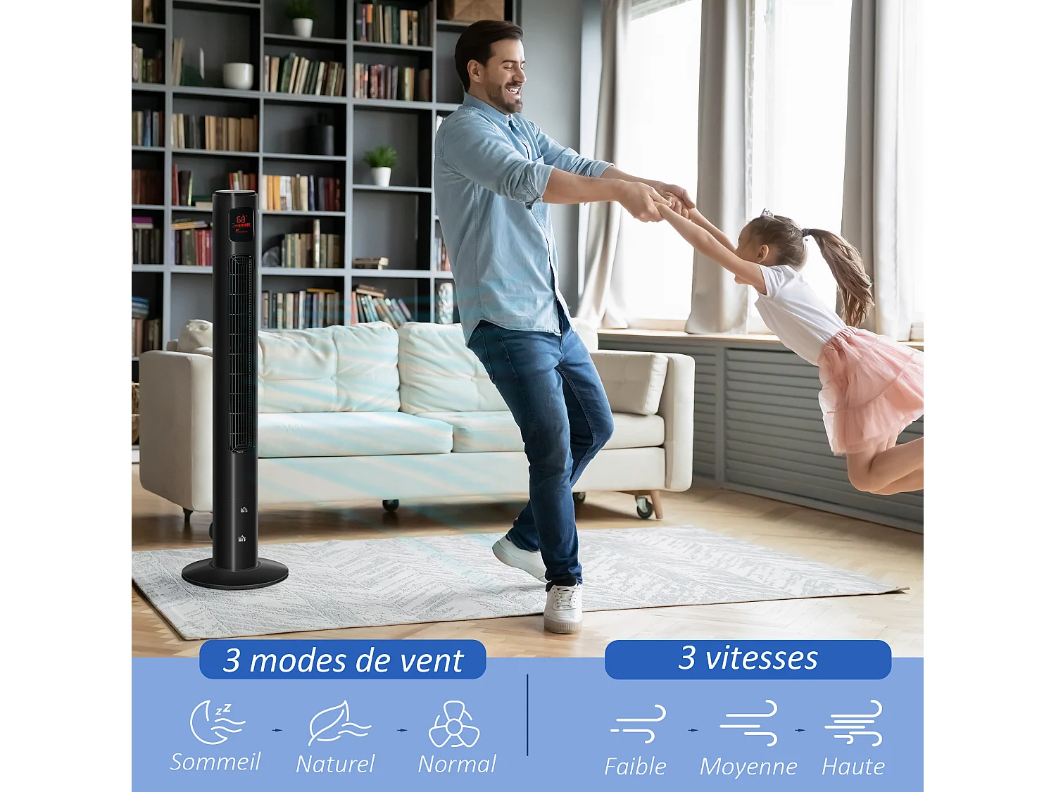 Ventilateur colonne tour oscillant 45 W silencieux télécommande timer 3 modes 3 vitesses noir