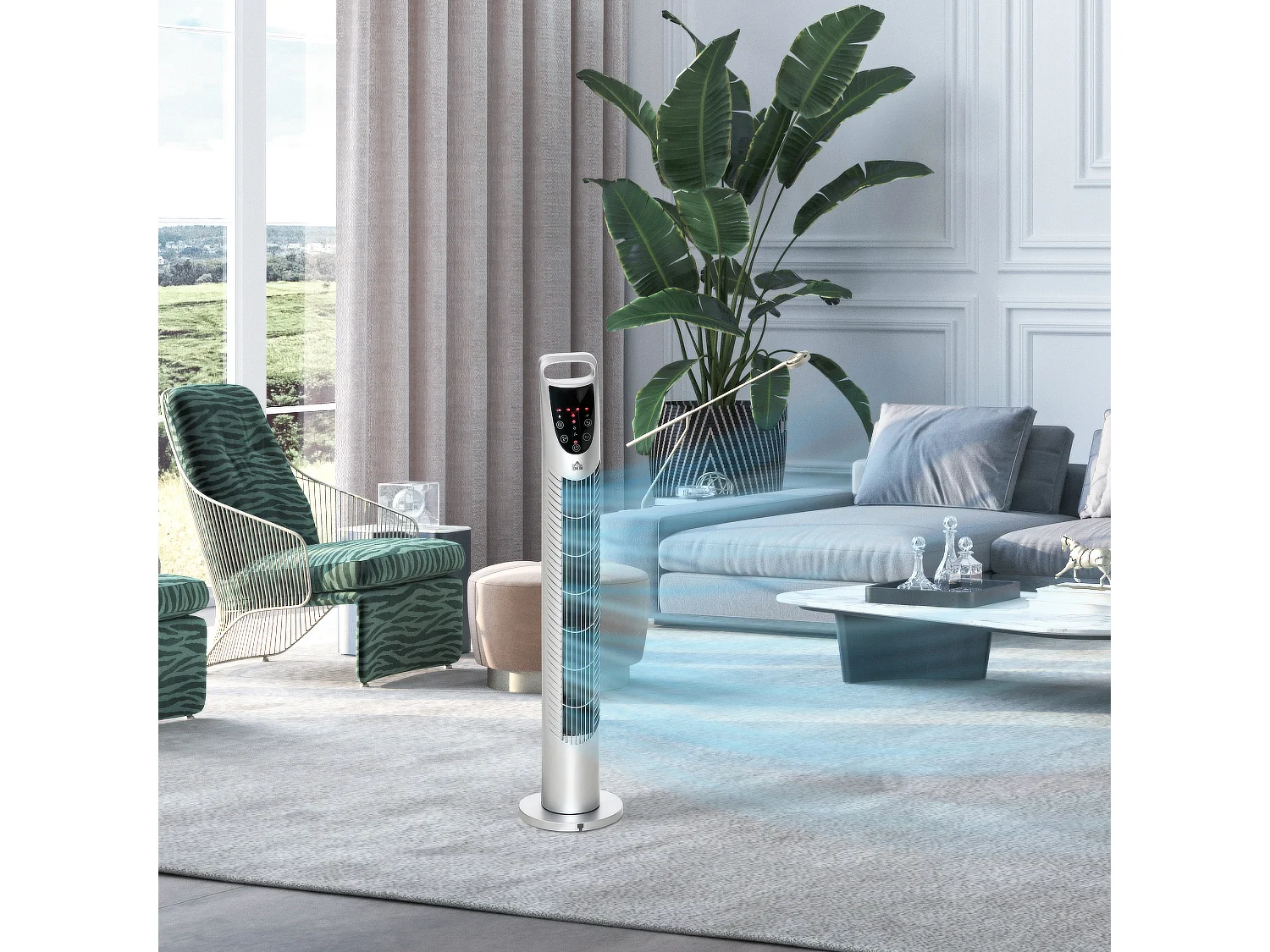 Ventilateur colonne tour oscillant silencieux 40 W télécommande panneau contrôle tactile 3 vitesses Ø 18 x 78H cm argenté