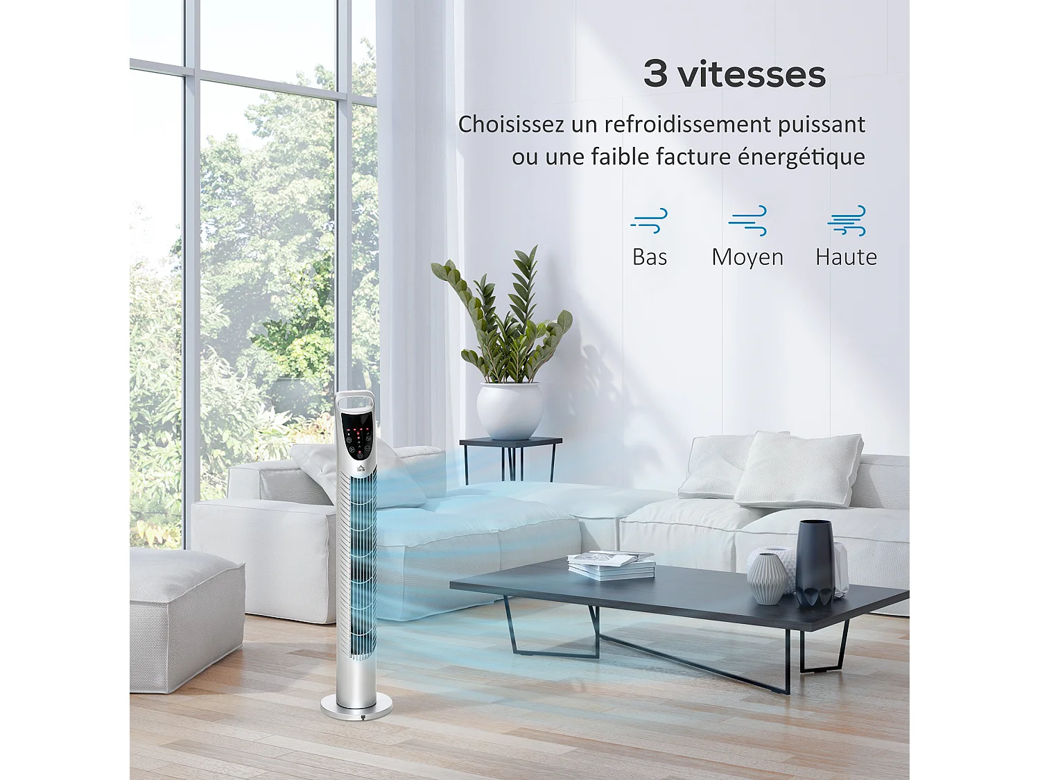 Ventilateur colonne tour oscillant silencieux 40 W télécommande panneau contrôle tactile 3 vitesses Ø 18 x 78H cm argenté