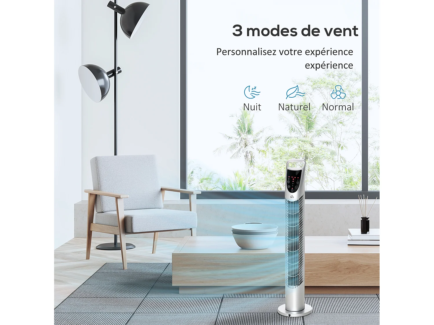 Ventilateur colonne tour oscillant silencieux 40 W télécommande panneau contrôle tactile 3 vitesses Ø 18 x 78H cm argenté