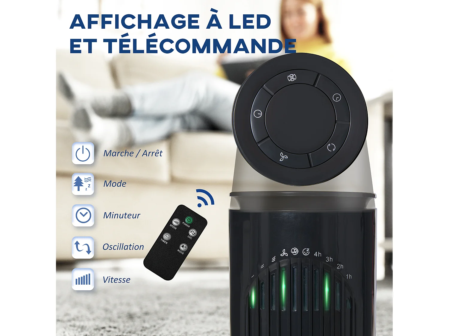 Ventilateur colonne tour oscillant 45 W silencieux télécommande incluse minuterie 3 modes 3 vitesses anthracite