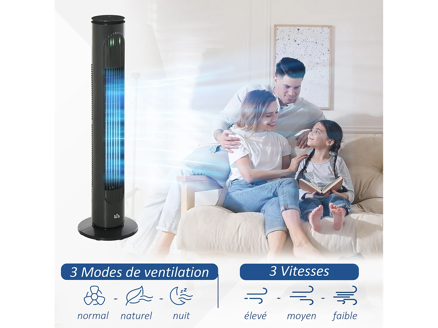 Ventilateur colonne tour oscillant 45 W silencieux télécommande incluse minuterie 3 modes 3 vitesses anthracite