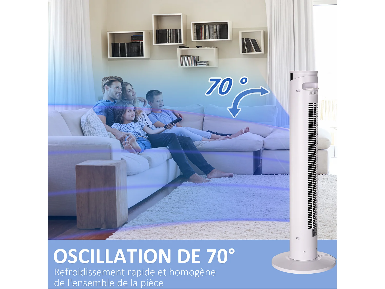 Ventilateur colonne oscillant 50W - télécommande, 3 modes, 3 vitesses, écran LED, timer - blanc