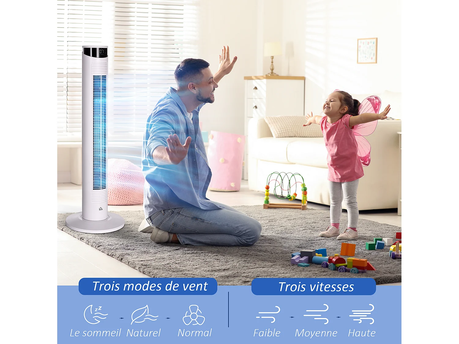 Ventilateur colonne oscillant 50W - télécommande, 3 modes, 3 vitesses, écran LED, timer - blanc