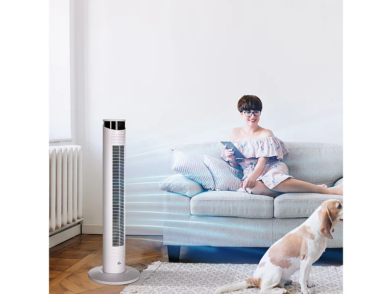 Ventilateur colonne oscillant 50W - télécommande, 3 modes, 3 vitesses, écran LED, timer - blanc