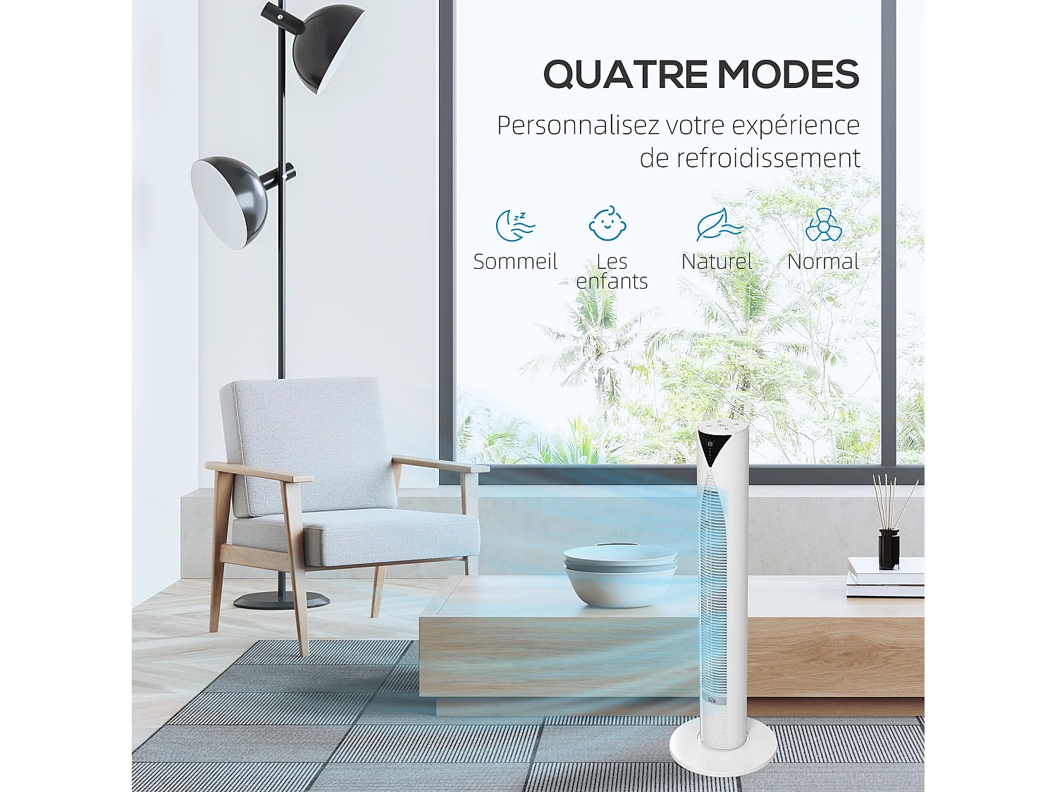 Ventilateur colonne tour oscillant 45 W silencieux télécommande incluse timer 4 modes 3 vitesses filtre blanc