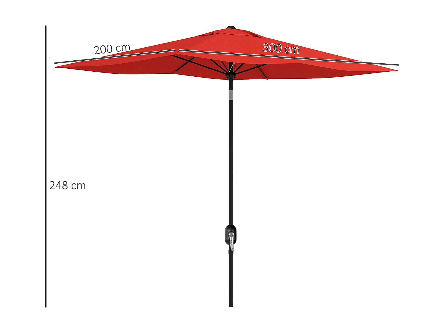 Parasol rectangulaire inclinable de jardin avec manivelle métal polyester haute densité anti UV 50+ rouge