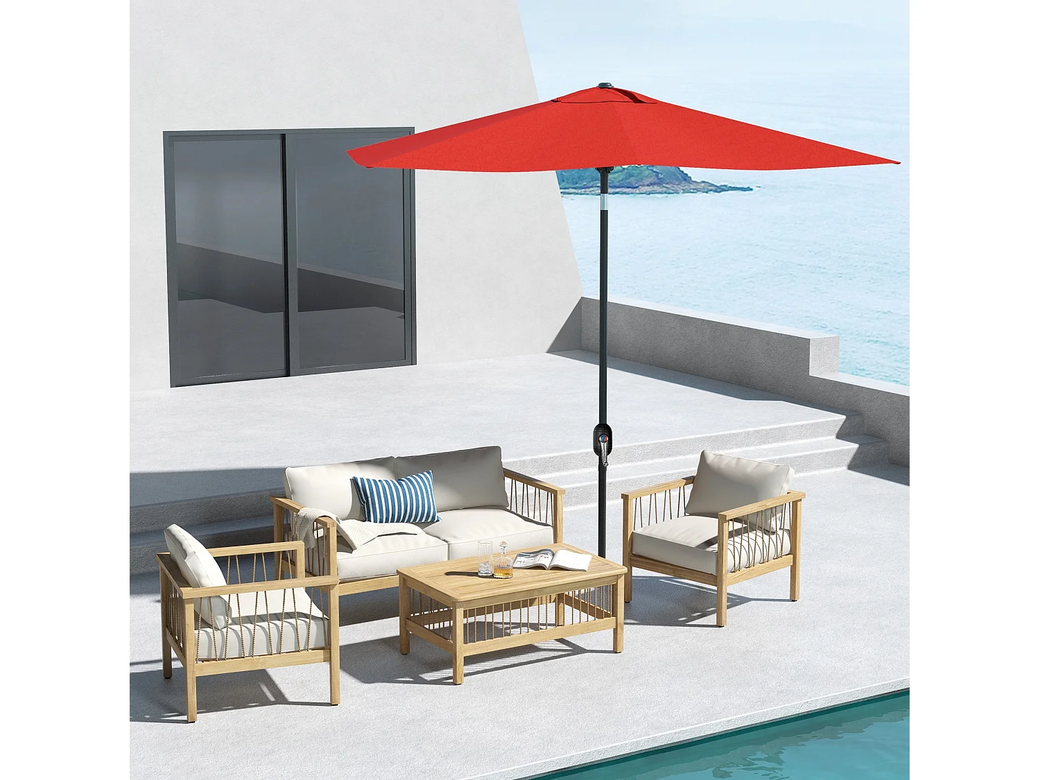 Parasol rectangulaire inclinable de jardin avec manivelle métal polyester haute densité anti UV 50+ rouge