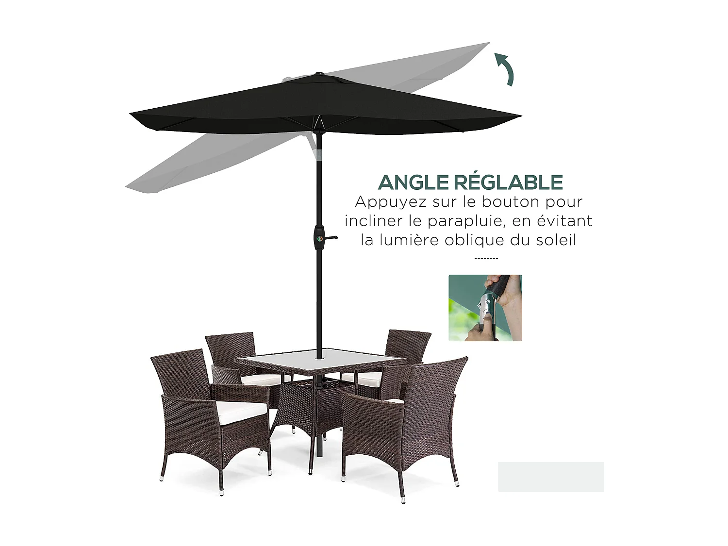 Parasol rectangulaire inclinable de jardin avec manivelle métal polyester haute densité anti UV 50+ noir