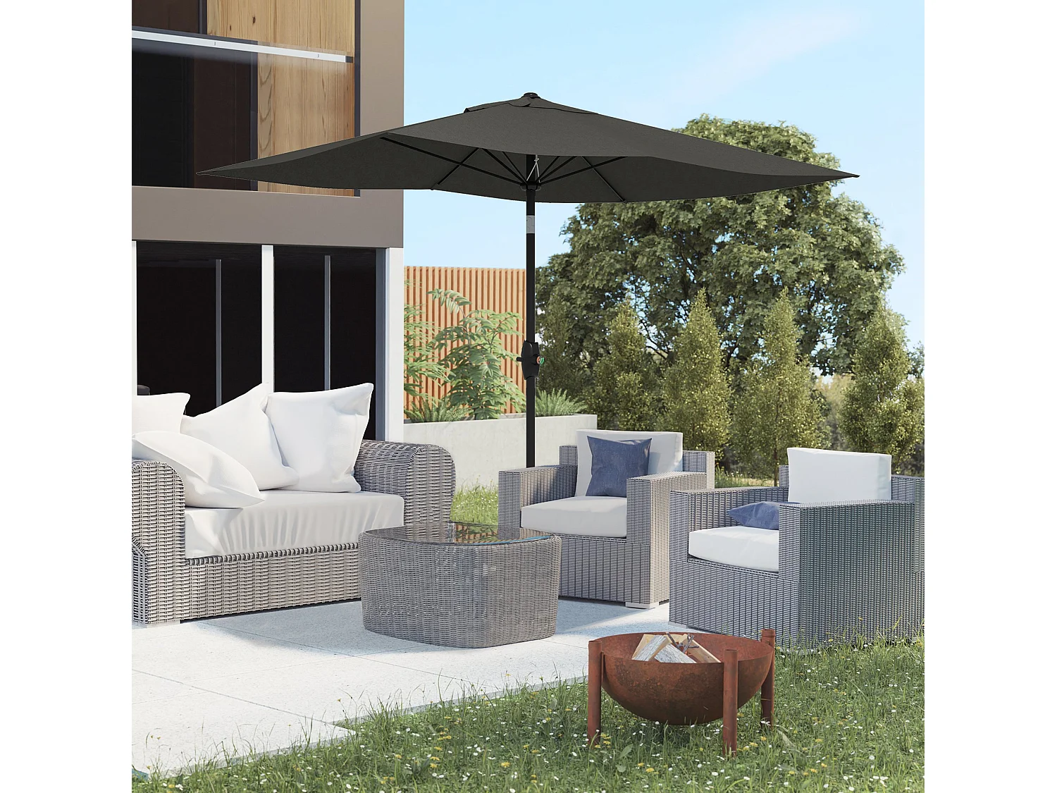 Parasol rectangulaire inclinable de jardin avec manivelle métal polyester haute densité anti UV 50+ gris