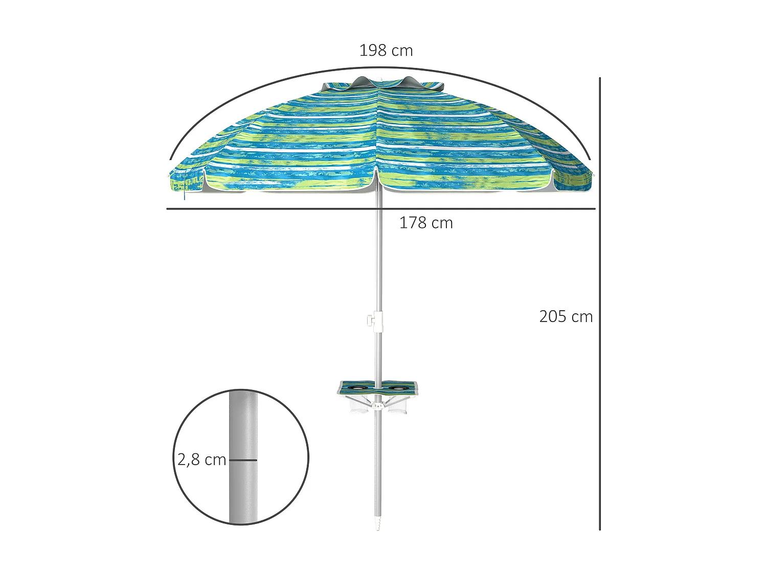 Parasol inclinable réglable de plage protection UV50+ Ø190 cm sac et porte-gobelets inclus